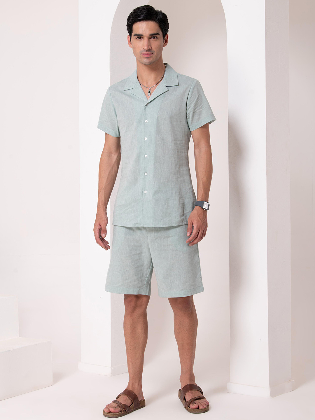 HOUSE OF S Lapel Collar Short Sleeves Pure Cotton Shirt With Shorts