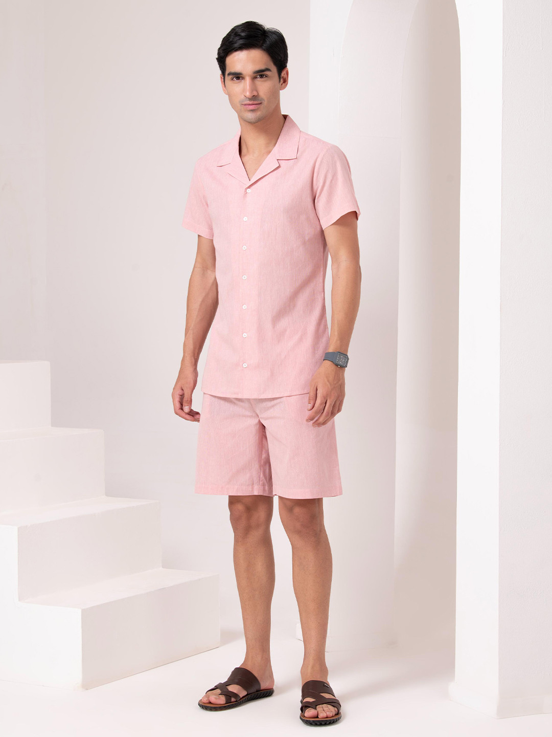 HOUSE OF S Lapel Collar Short Sleeves Pure Cotton Shirt With Shorts