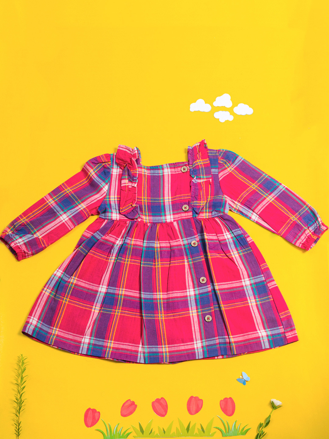 Purple United Kids Girls Checked Fit & Flare Cotton Dress