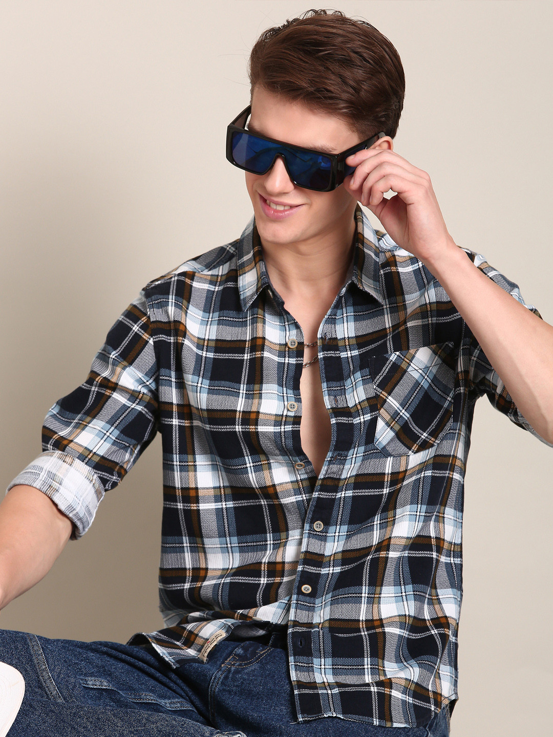 LSD Men Slim Fit Pure Cotton Checked Casual Shirt