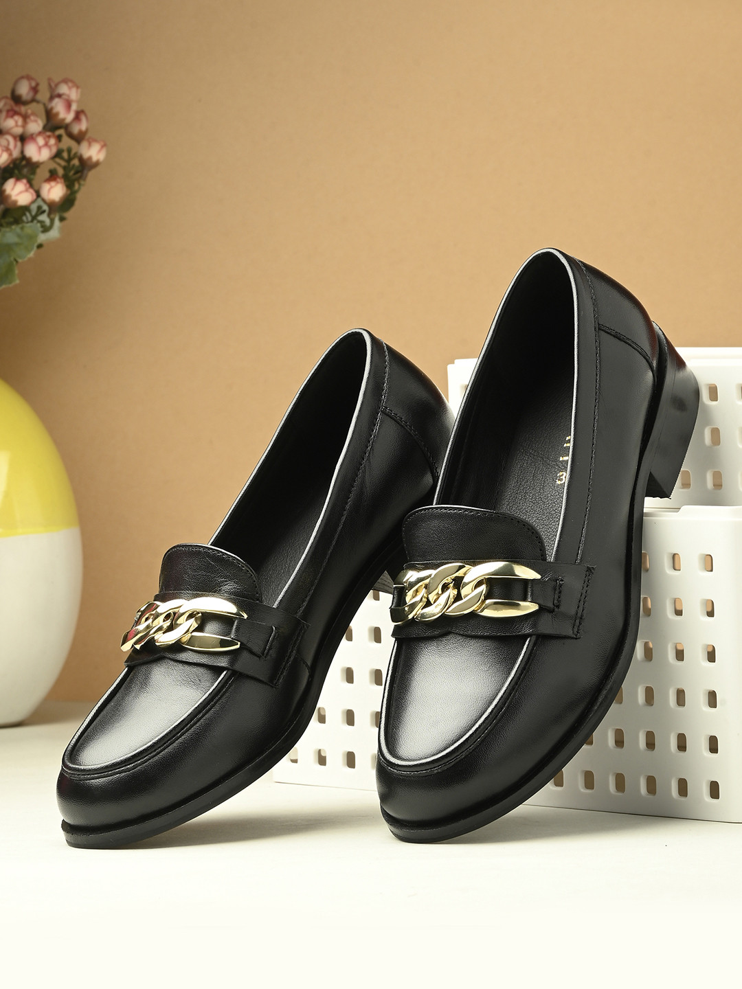 MIORAH Women Solid Leather Western - Embellished Lightweight Horsebit Loafers