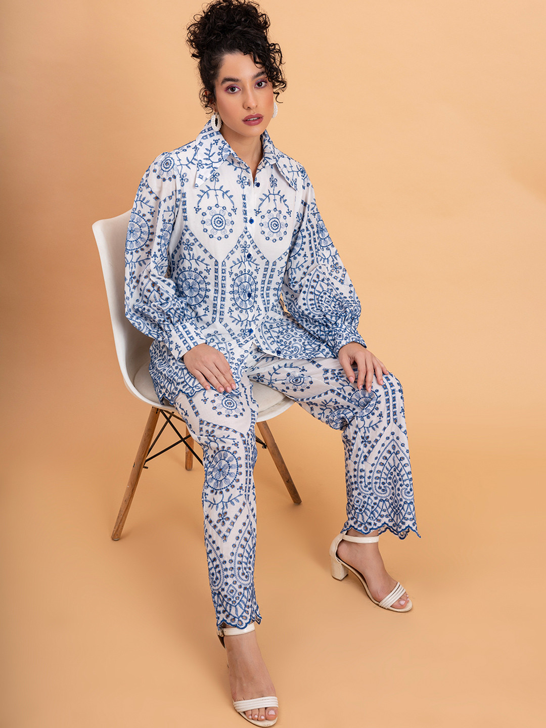 Lounge Dreams Floral Embroidered Shirt Collar Long Sleeves Pure Cotton Shirts & Trouser