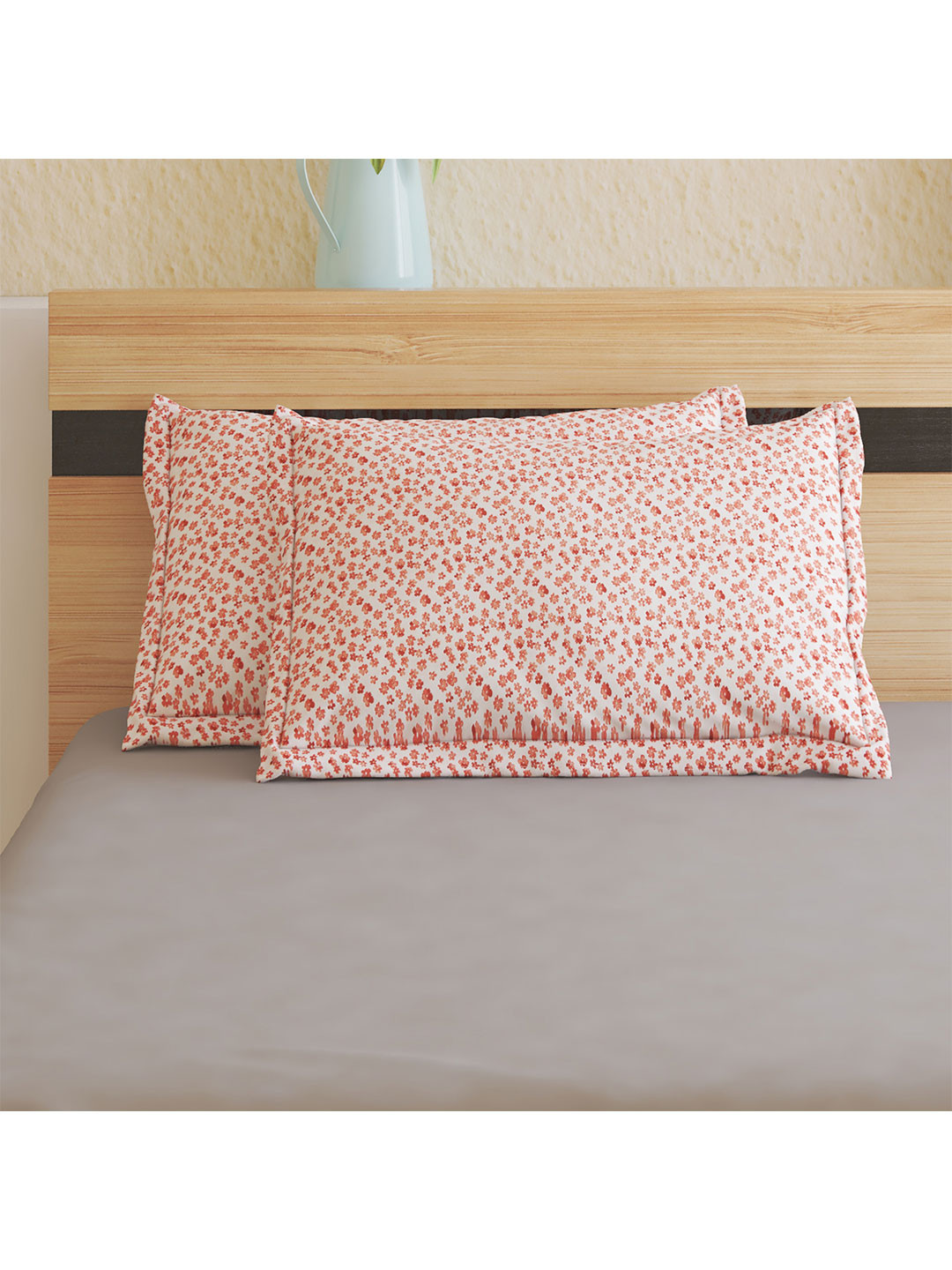 Home Centre Oxford Cordovan Red 2 Pcs Floral Printed Pure Cotton Rectangle Pillow Covers