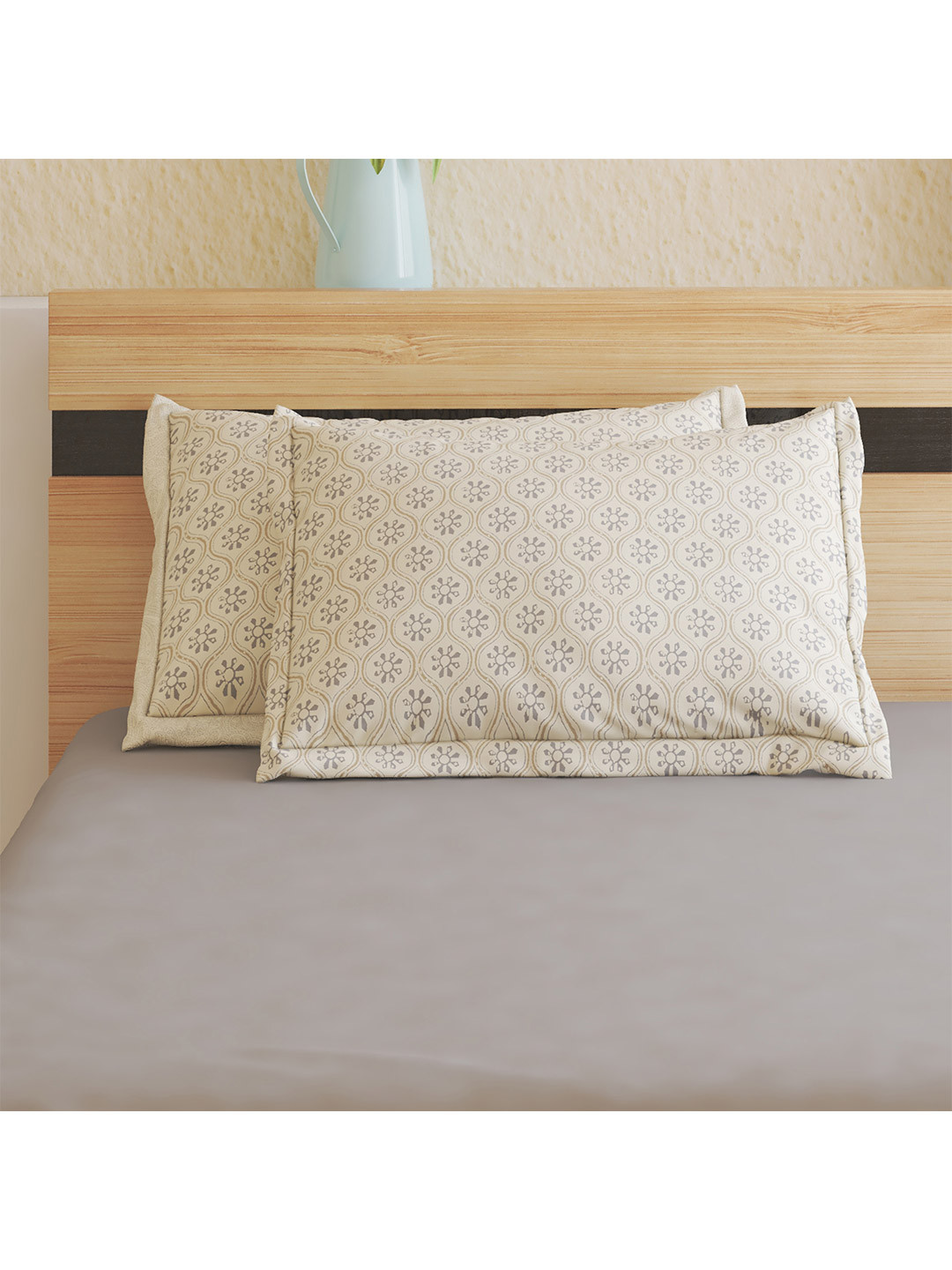 Home Centre Oxford Shell Beige 2 Pcs Floral Printed Pure Cotton Rectangle Pillow Covers