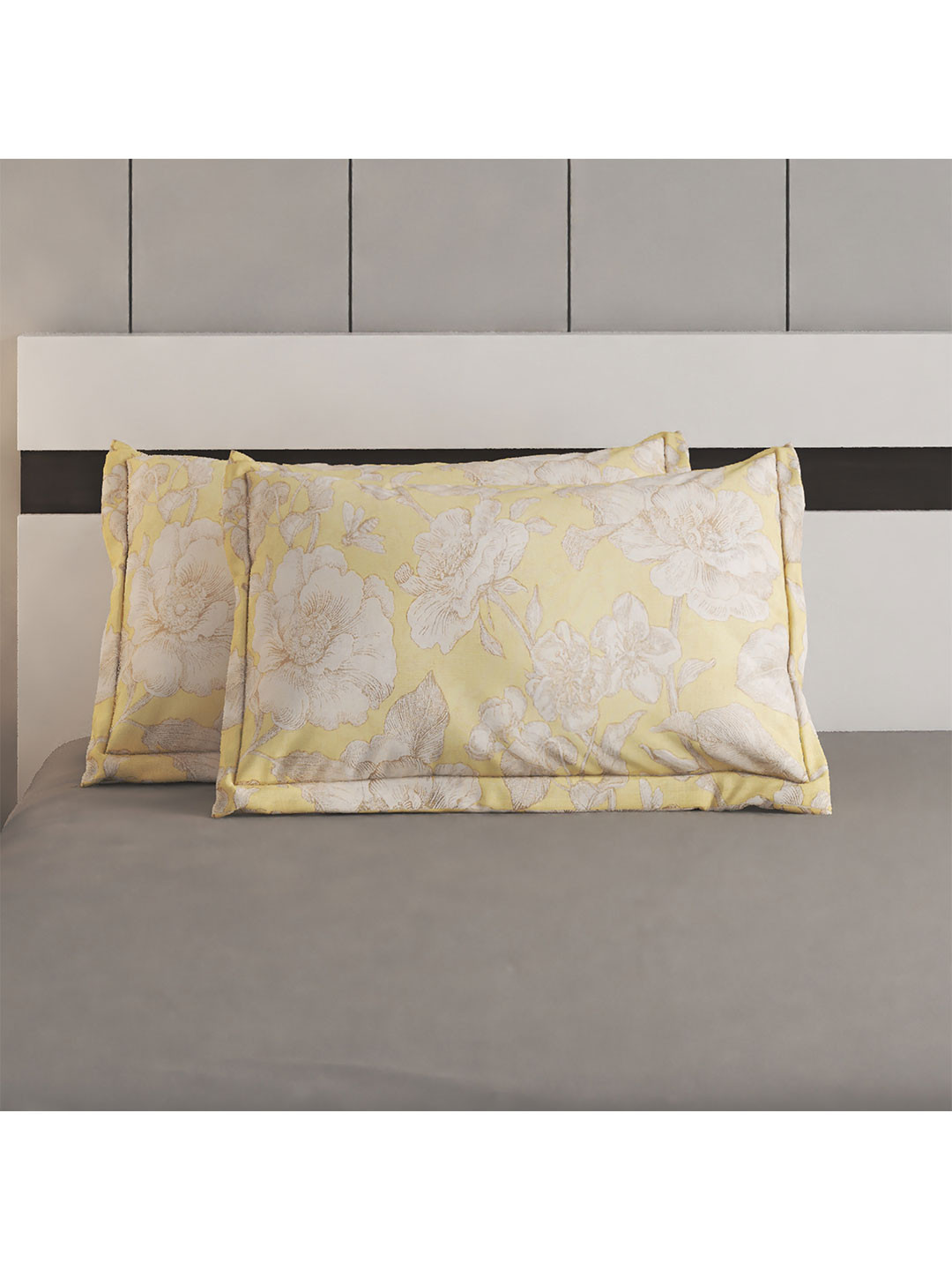 Home Centre Oxford Yellow & Beige 2 Pcs Floral Printed Pure Cotton Rectangle Pillow Covers