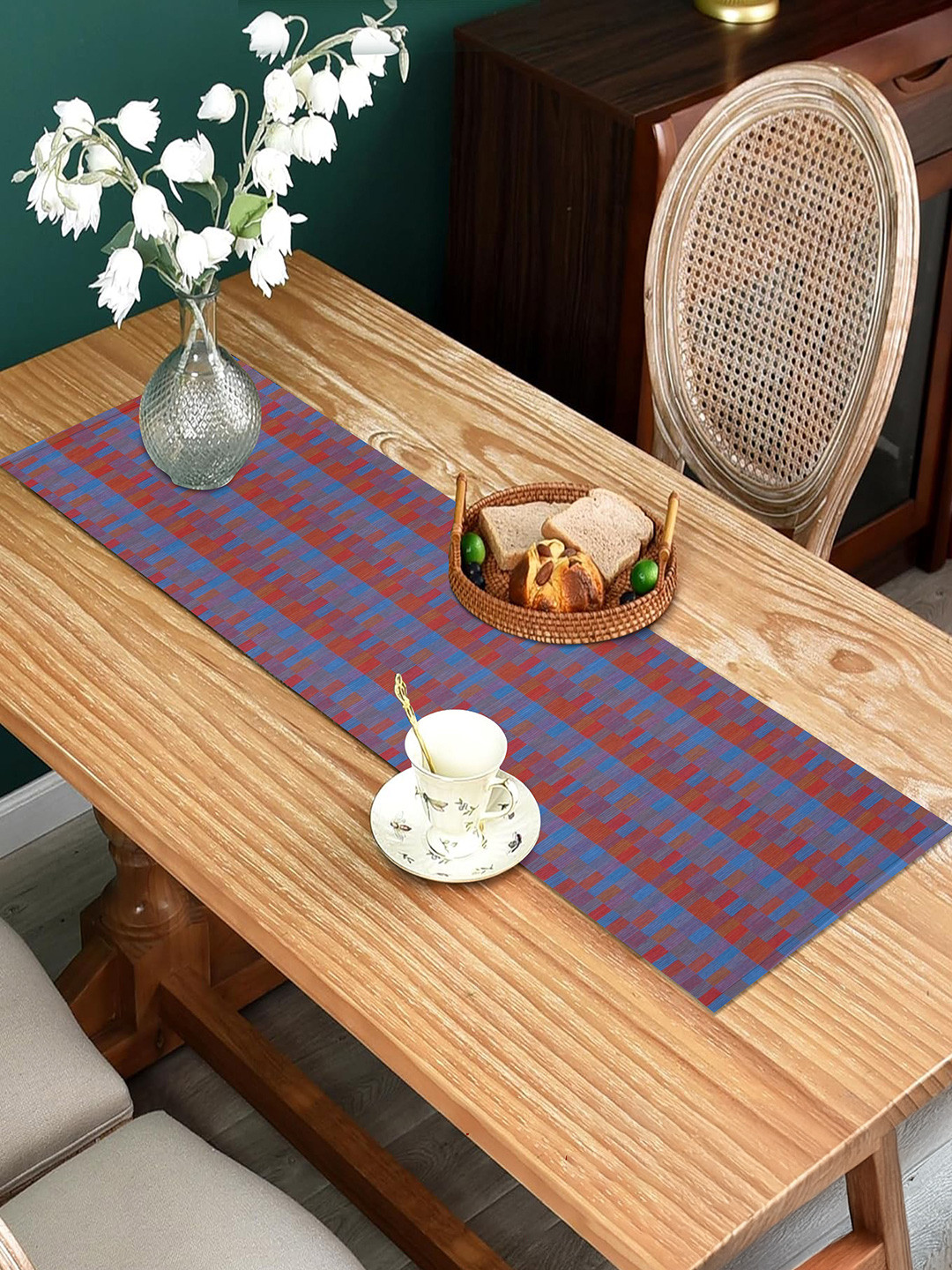 HOME COLORS.IN Red & Blue Checkered Cotton 4 Seater Table Runner