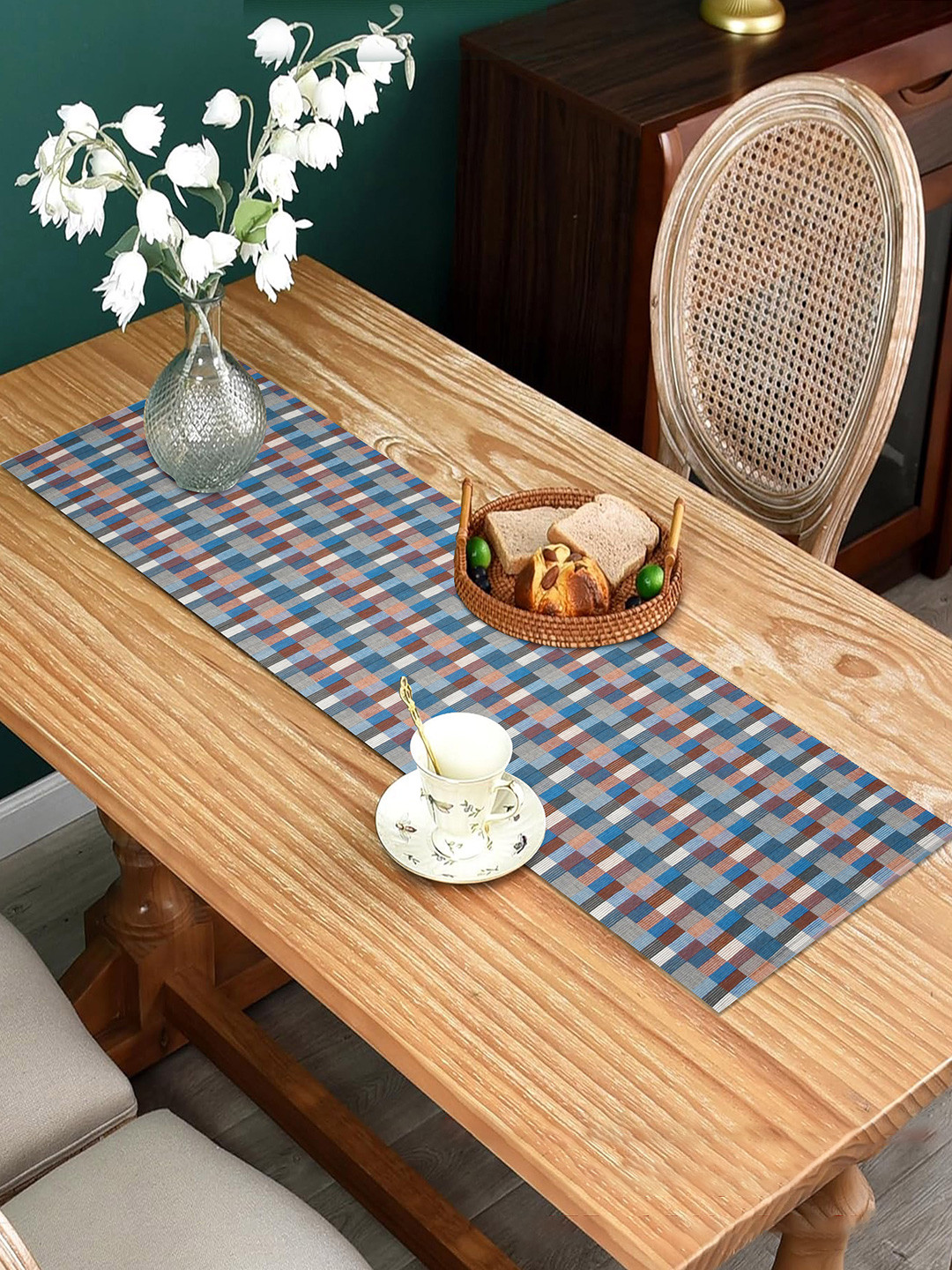 HOME COLORS.IN Blue & Brown Checkered Cotton 4 Seater Table Runner