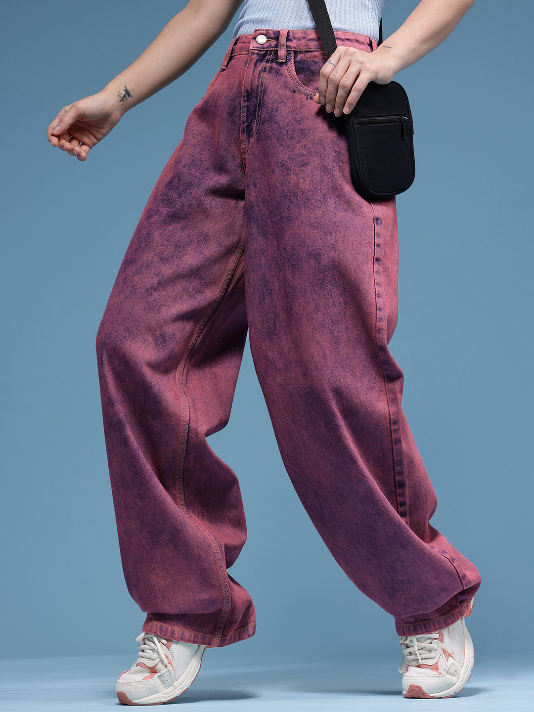 HERE&NOW Women Baggy Acid Wash Heavy Fade Mid-Rise Pure Cotton Jeans