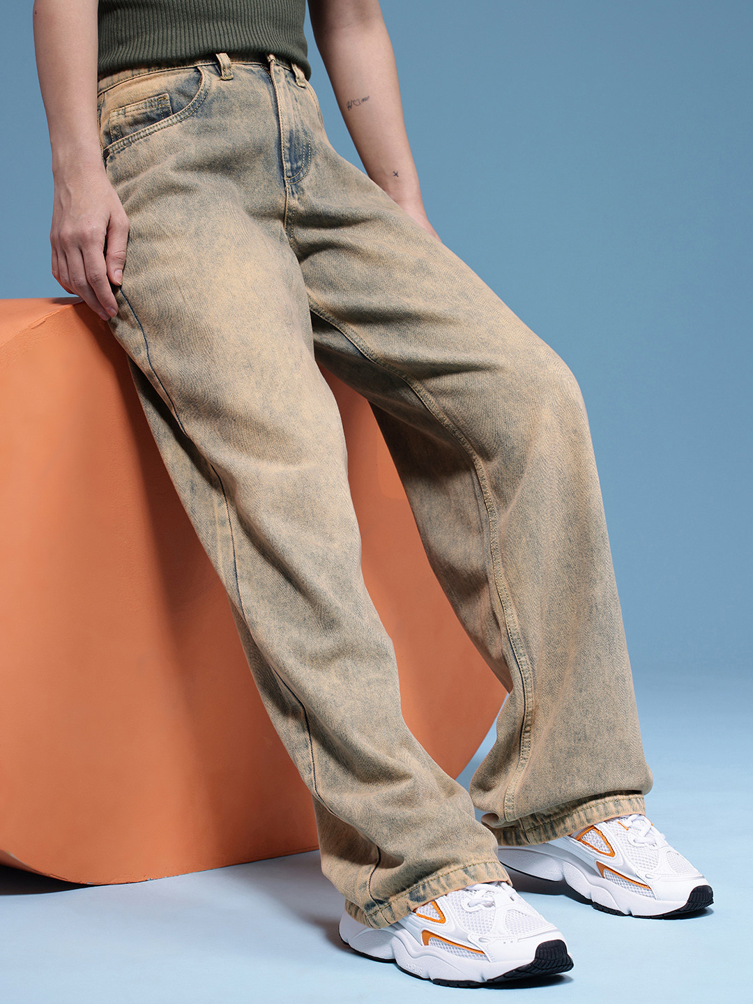 HERE&NOW Women Vintage Wash Khaki Tint Baggy Mid-Rise Heavy Fade Pure Cotton Jeans