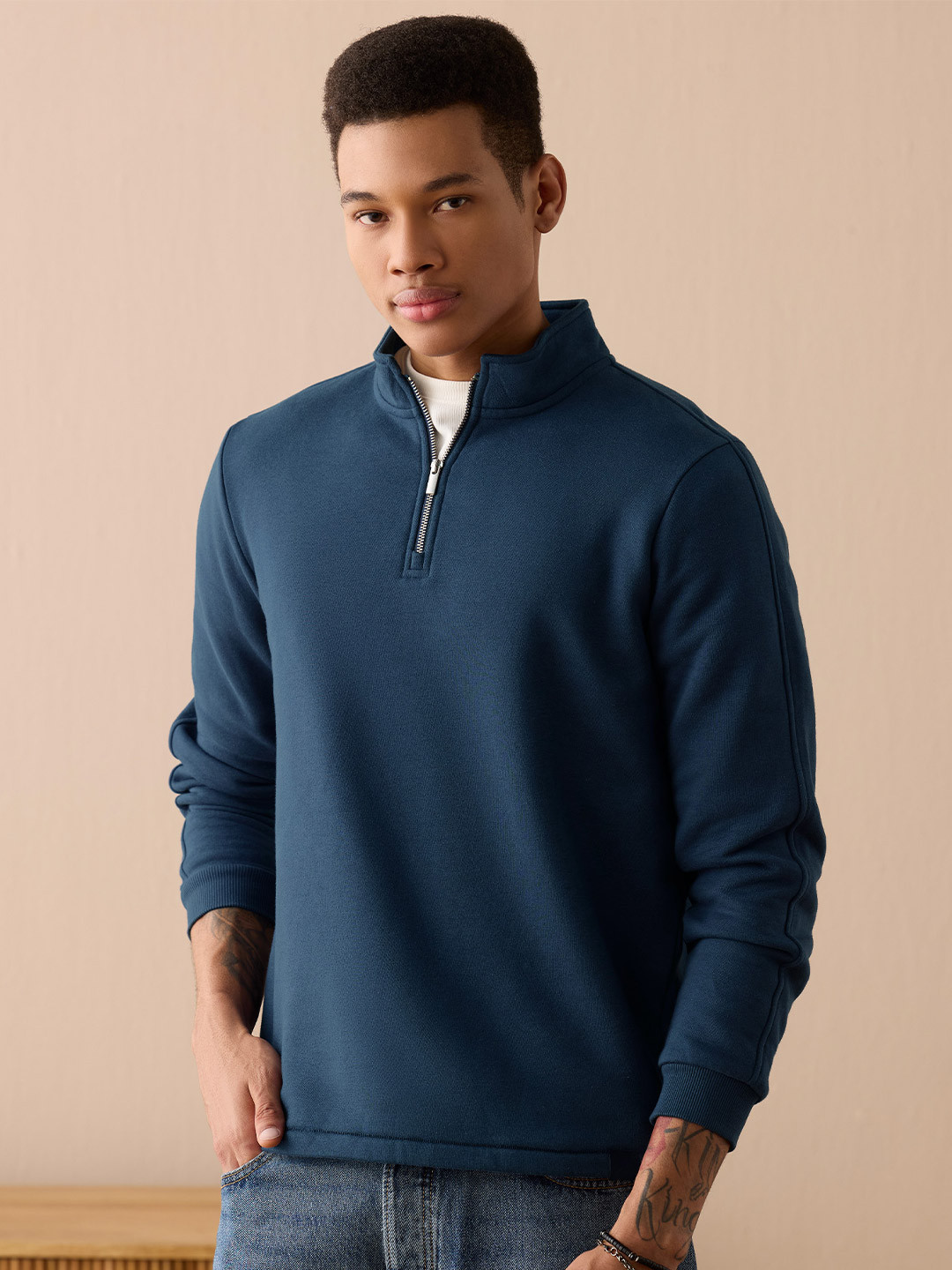 XYXX Men Relaxed Fit Solid Blue IntelliSmooth Pulse Half-Zip Sweatshirt