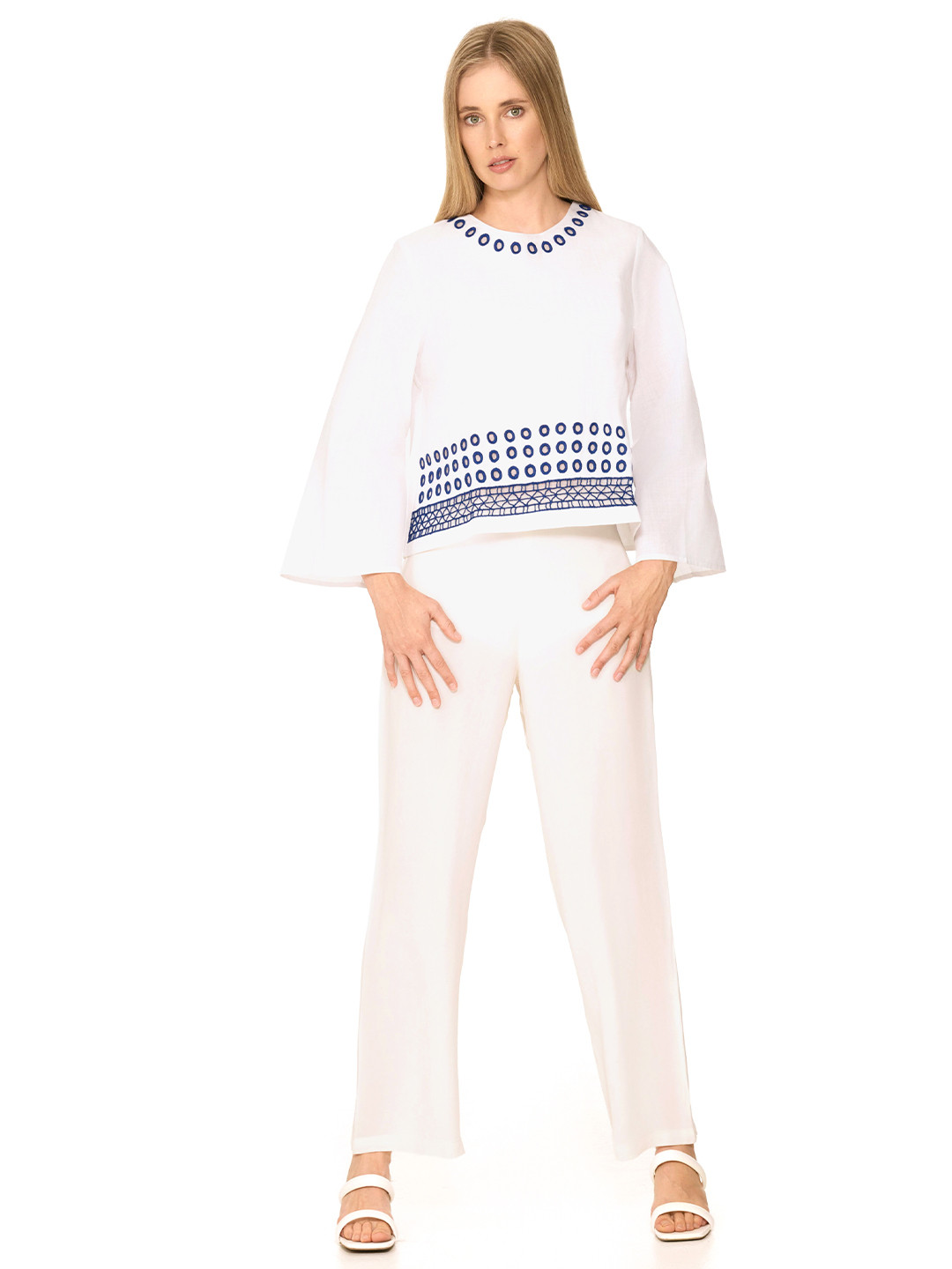 The Sancy Women Round Neck Embroidered Flared Sleeve Cotton Top