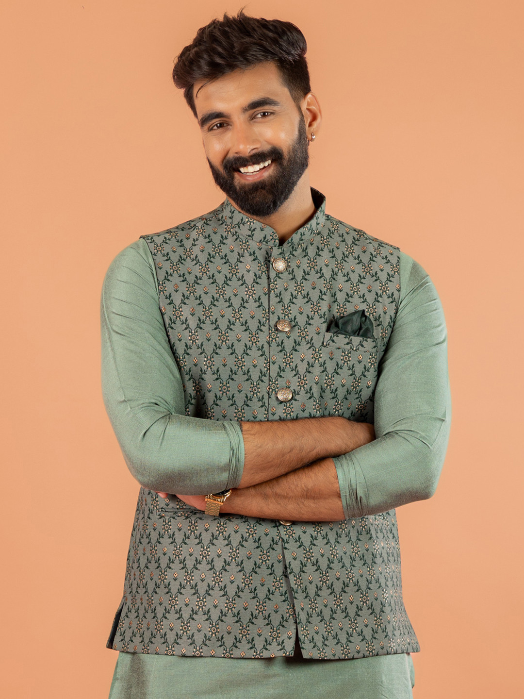 KISAH Men Ethnic Motifs Green Mandarin Collar Woven Design Jacquard Nehru Jacket