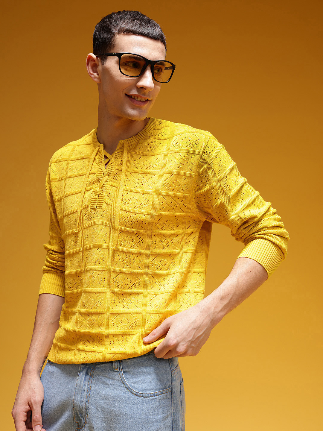 HERE&NOW Open-Knits Lace-Up Detail Pure Cotton Regular Fit T-shirt