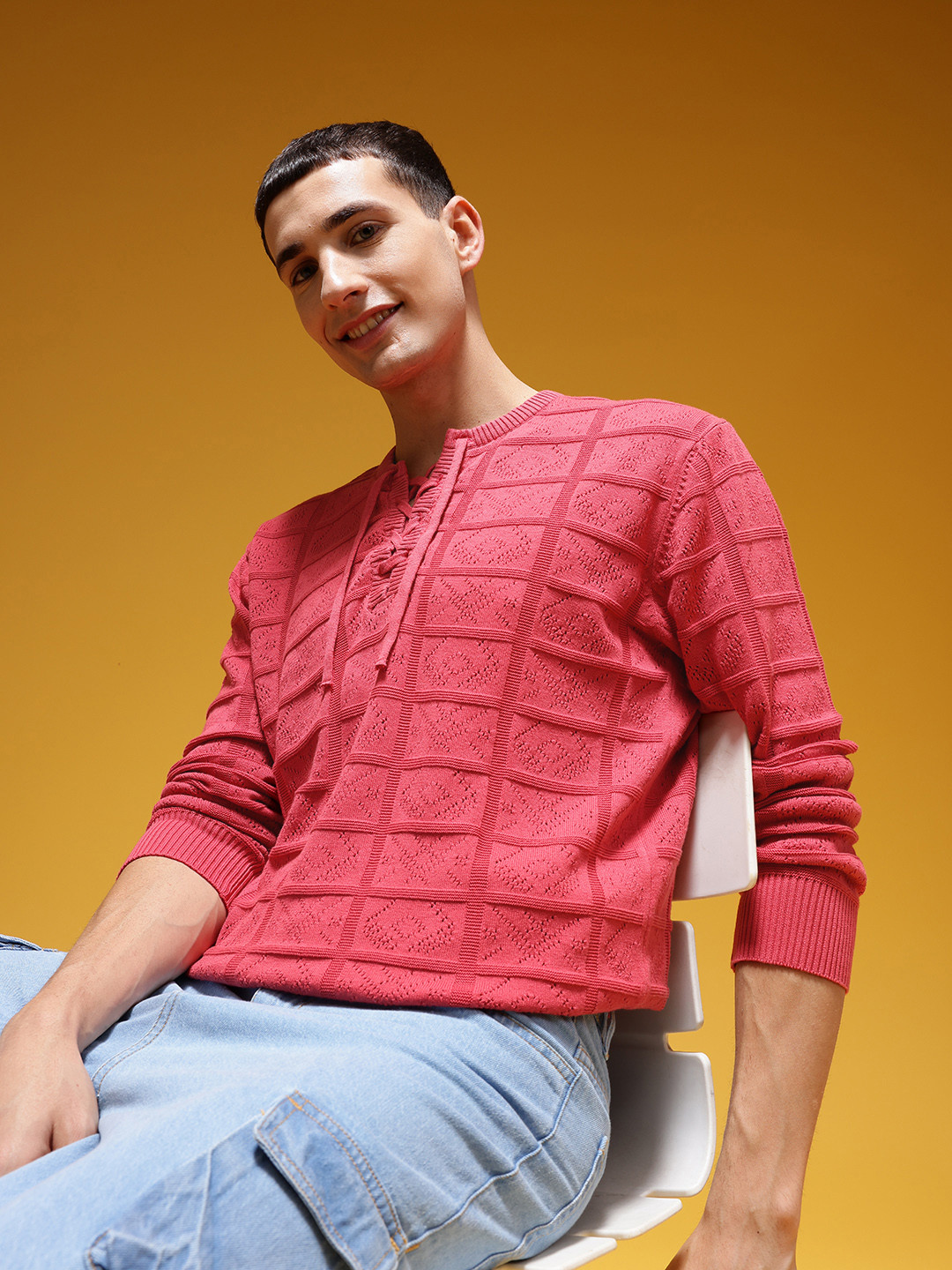 HERE&NOW Open-Knits Lace-Up Detail Pure Cotton Regular Fit T-shirt