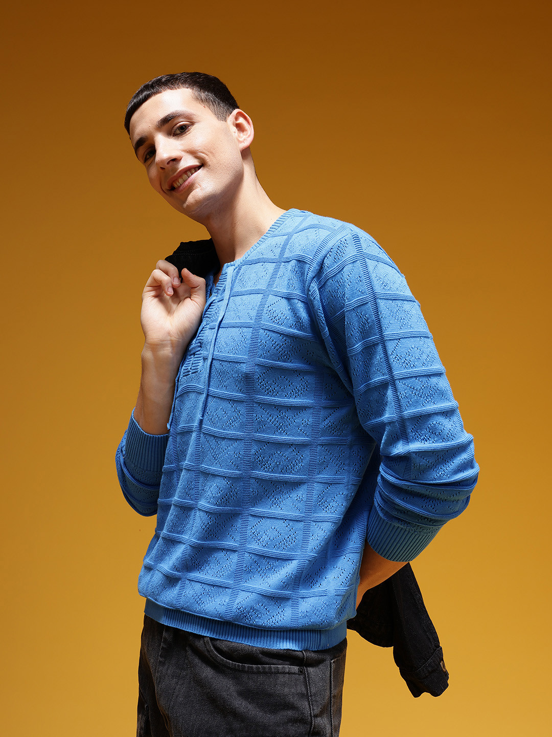 HERE&NOW Open-Knits Lace-Up Detail Pure Cotton Regular Fit T-shirt