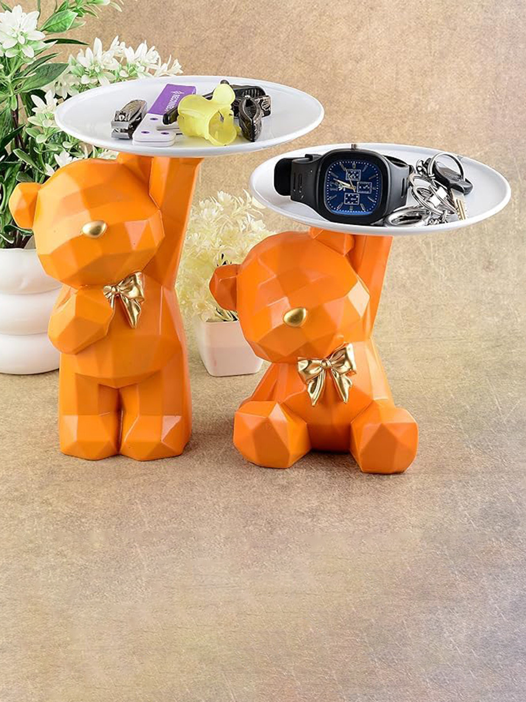 Zart Orange Polyresin Glossy Living Room Set of 2 Medium Showpieces - 4.7 Inches