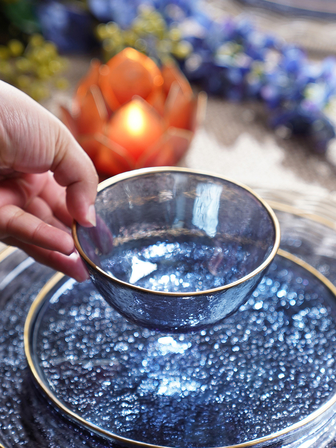 Pure Home and Living Blue & Gold Toned 2 Pieces Textured Rim Detail Bowls