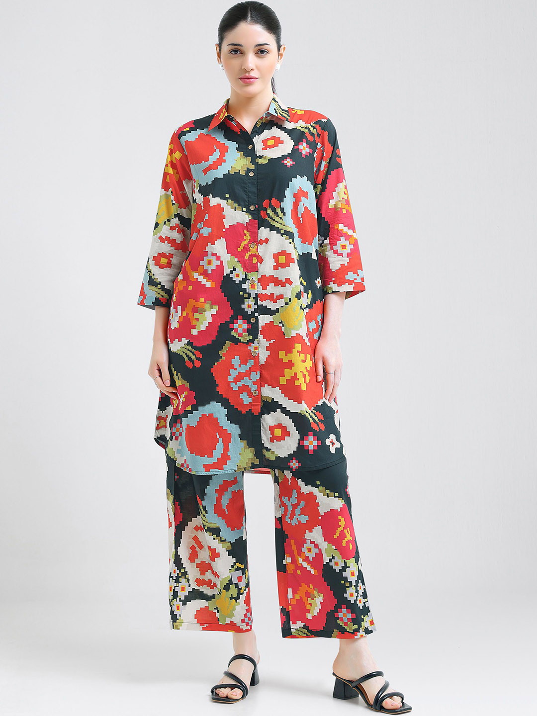 I like me Women Shirt Collar Abstract Printed Night suit