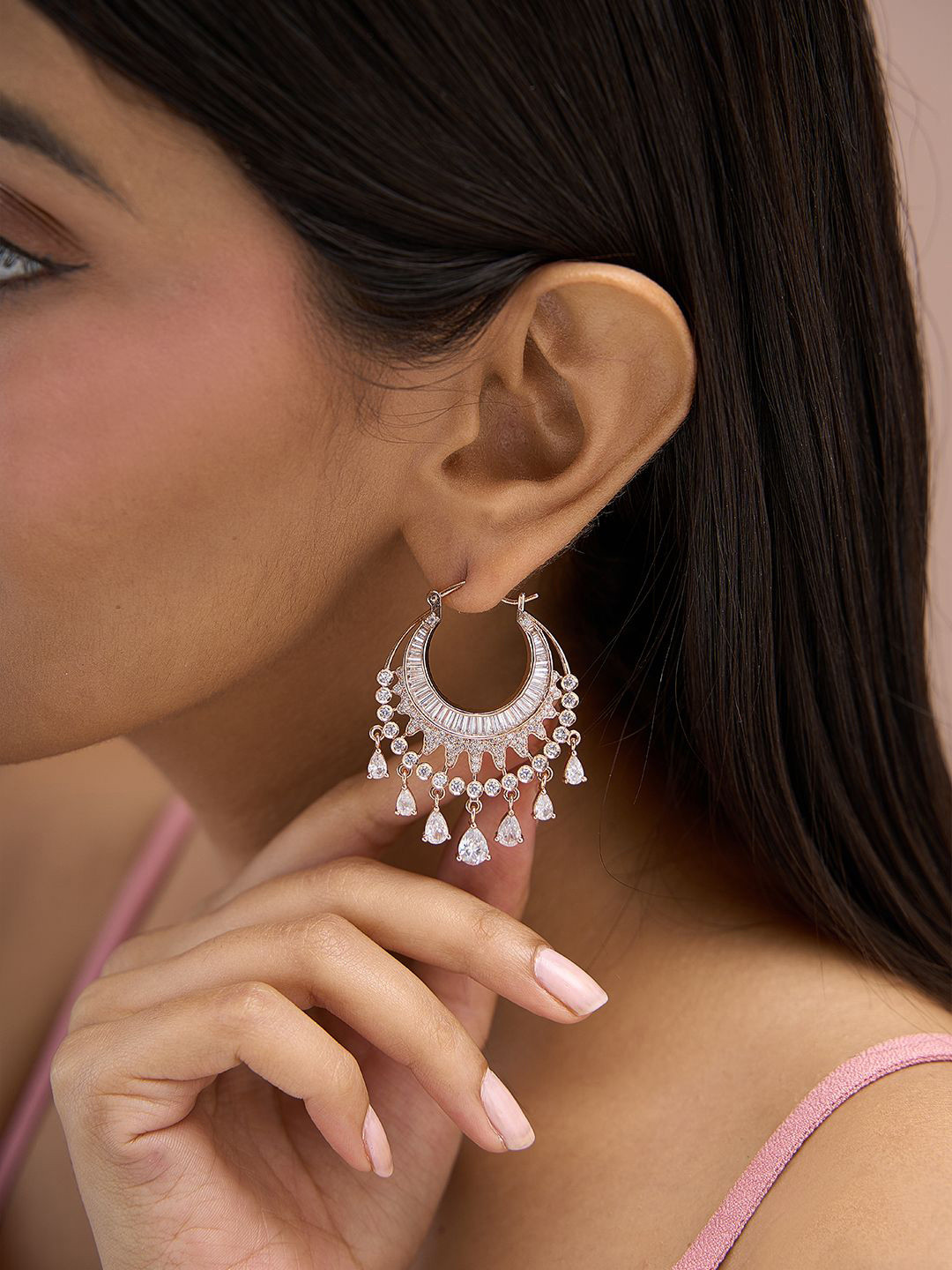 Fida Premium 14k Rose Gold-Plated AAA American Diamond Hoop Earrings