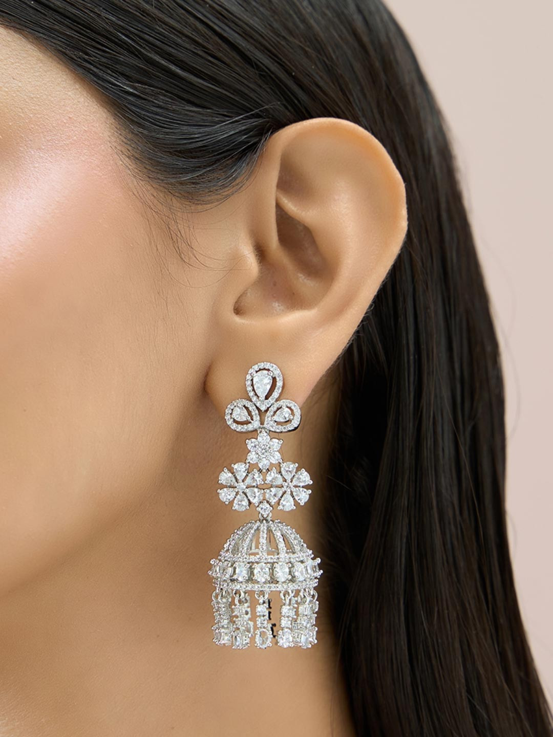 Fida 14k Rhodium-Plated AAA American Diamond Jhumka