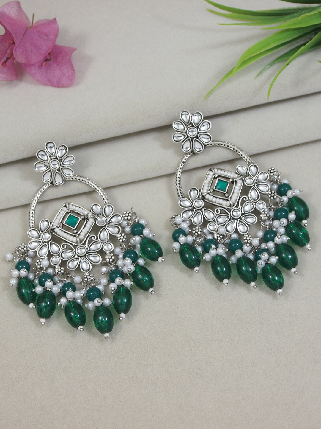 I Jewels Silver-Plated Contemporary Oxidised Kundan Studded & Pearls Chandbalis