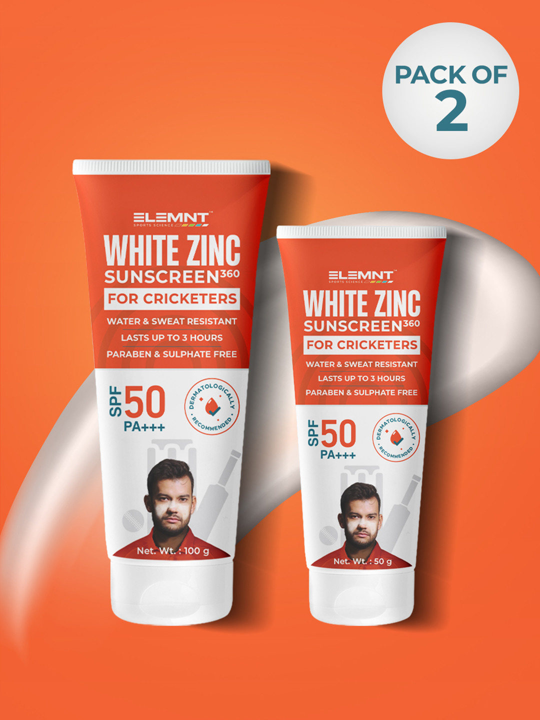 Elemnt Sports Science Set of 2 White Zinc SPF50 PA+++ Sunscreen for Cricketer - 50g & 100g