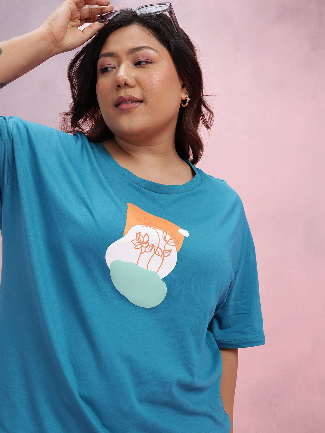 DressBerry Curve Plus Size Graphic Print Drop-Shoulder Sleeves Pure Cotton T-shirt