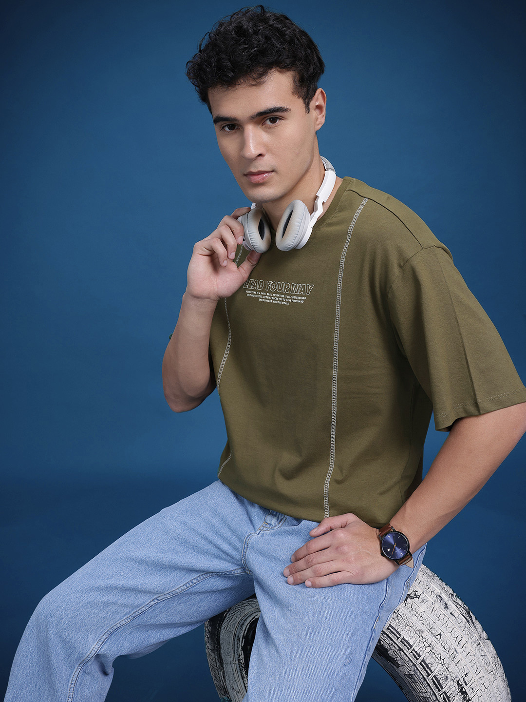 The Roadster Life Co. Printed Up-Front Stitch Oversized Cotton T-shirt