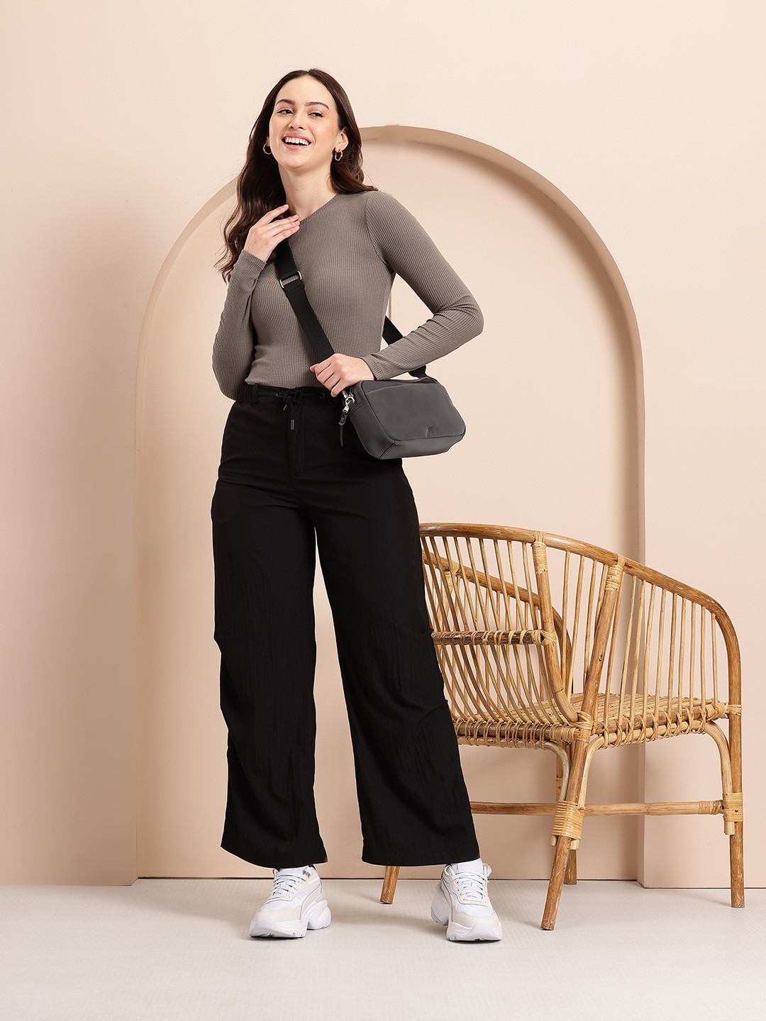 Mast & Harbour Women Crinkled Effect Mid-Rise Flared Fit Wide Leg Trousers