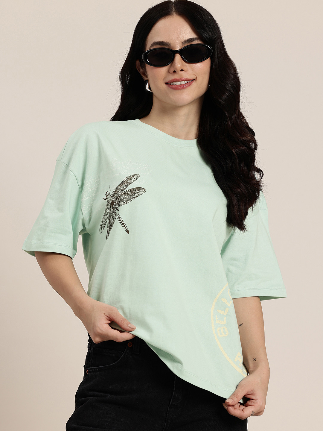 HERE&NOW Stamped Printed Drop Shoulder Pure Cotton Oversized T-shirt