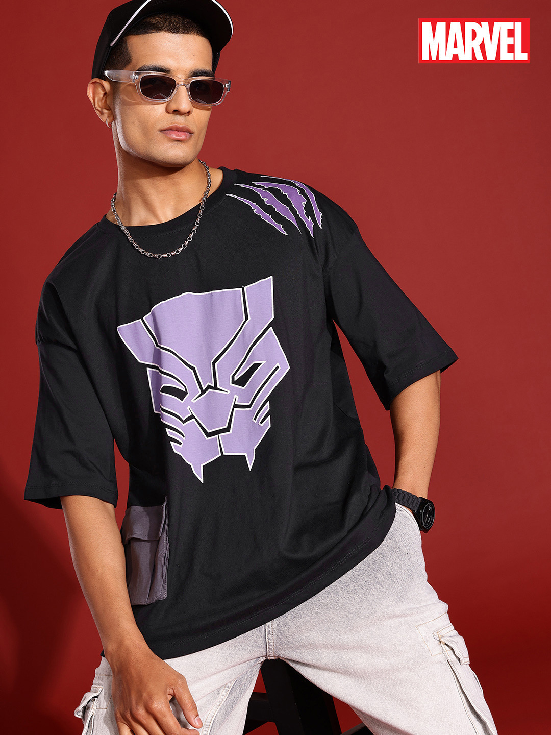 MARVEL STREET Black Panther Print Drop-Shoulder Sleeves Pure Cotton Oversized T-shirt