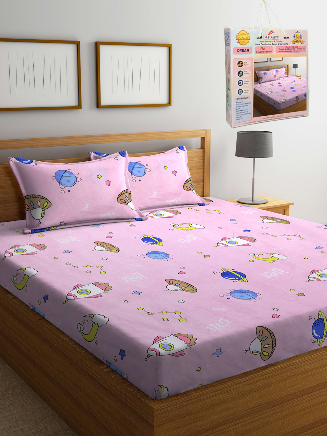 FABINALIV Pink Rockets & Planets Printed Cotton 300 TC King Bedsheet Set 2.50 x 2.25m