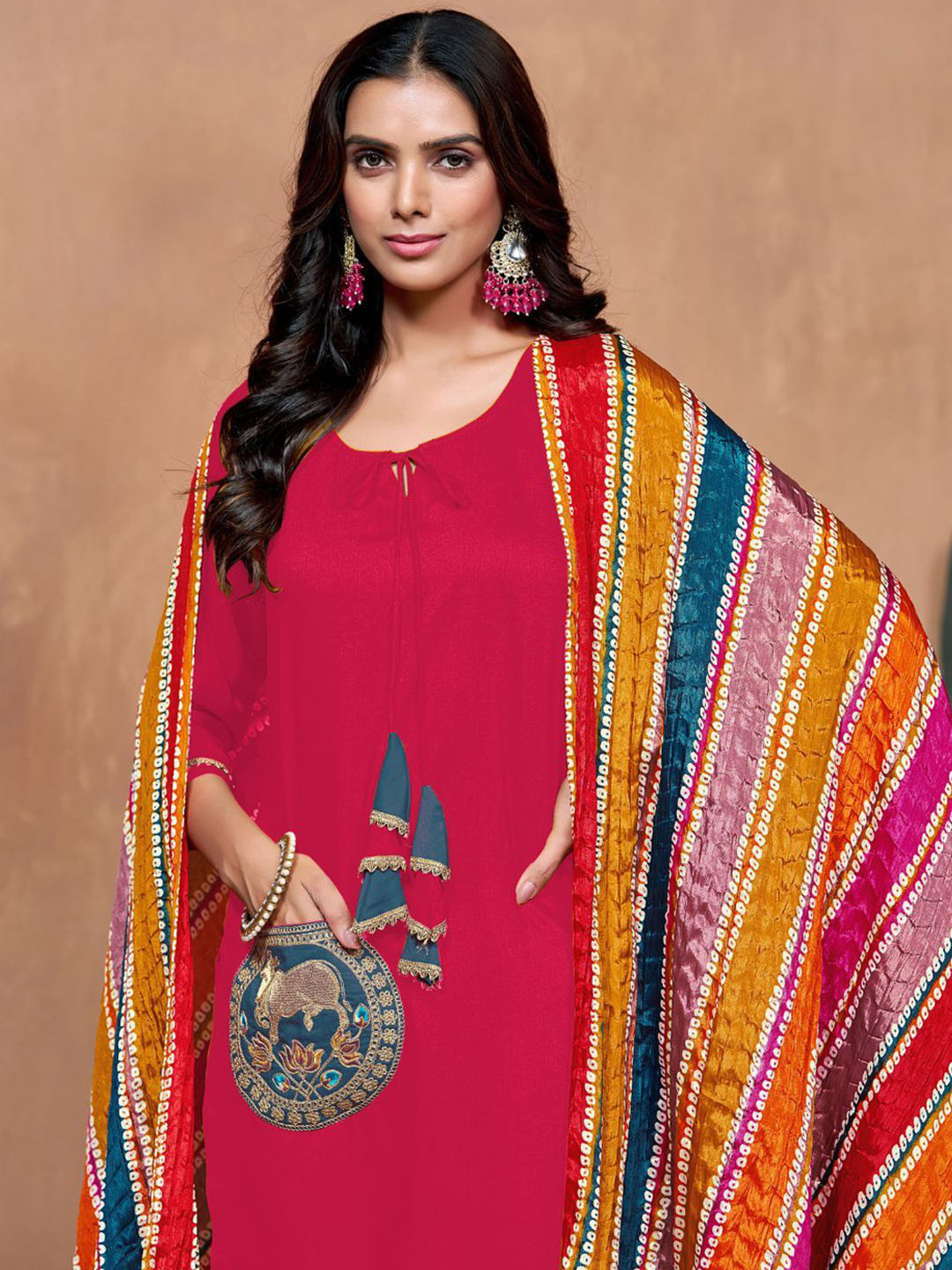 Sangria Pink Three-Quarter Sleeves Regular Thread Work Kurta With Salwar With Dupatta