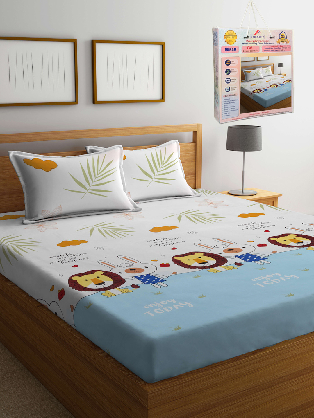 FABINALIV Ocean Ripples White Conversational Cotton 300 TC King Fine Bedsheet with 2 Pillow Covers-250 x 225 cm