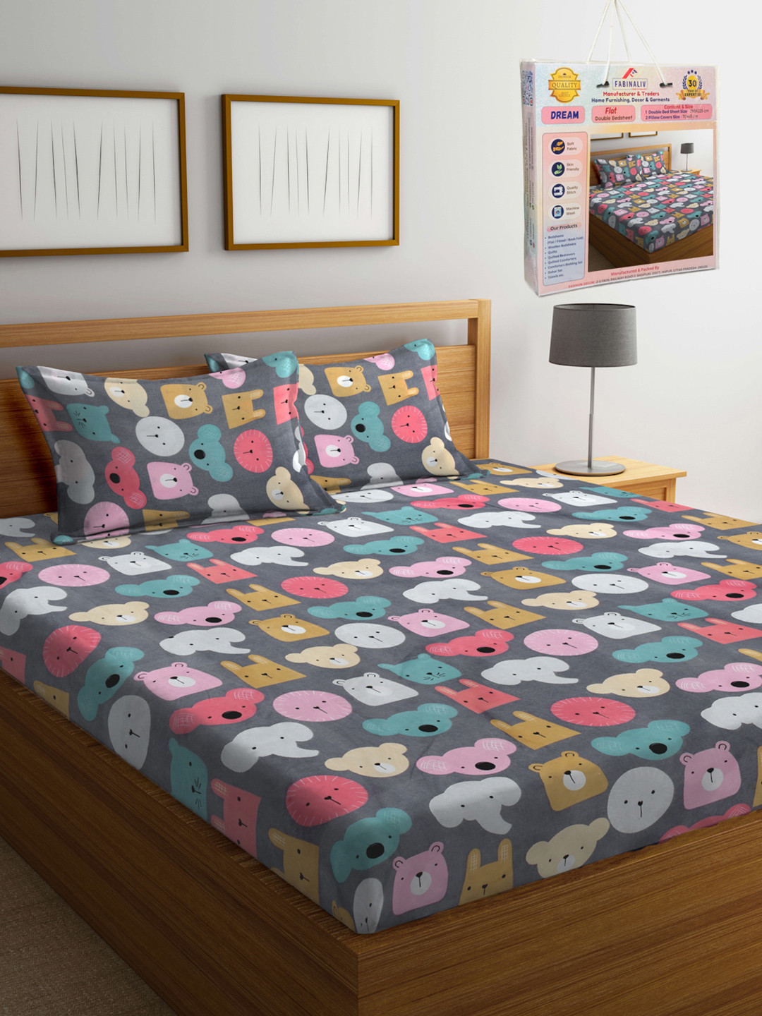 FABINALIV Grey Animal Cotton Skin-Friendly 300 TC King Fine Bedsheet with 2 Pillow Covers-98 x 89 inches