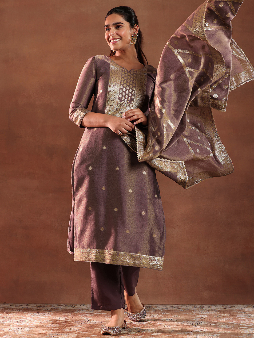 Libas Mauve and Gold Ethnic Motifs Woven Design Straight Kurta with Trouser & Dupatta