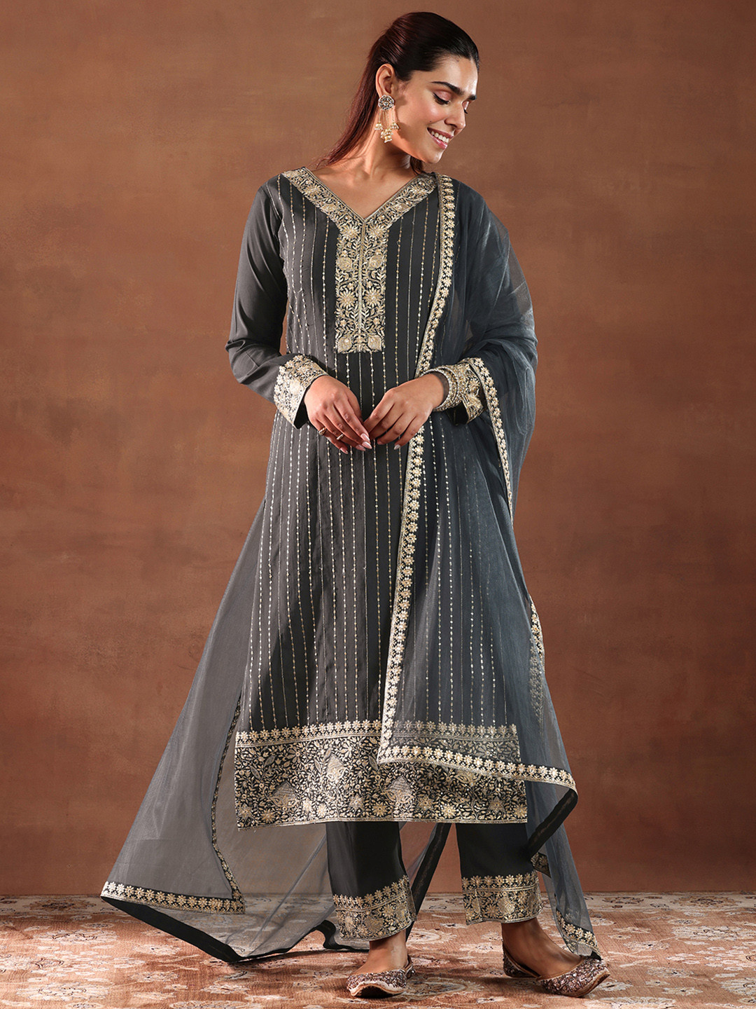 Libas Black and Grey Floral Embroidered Thread Work Kurta with Trouser & Dupatta
