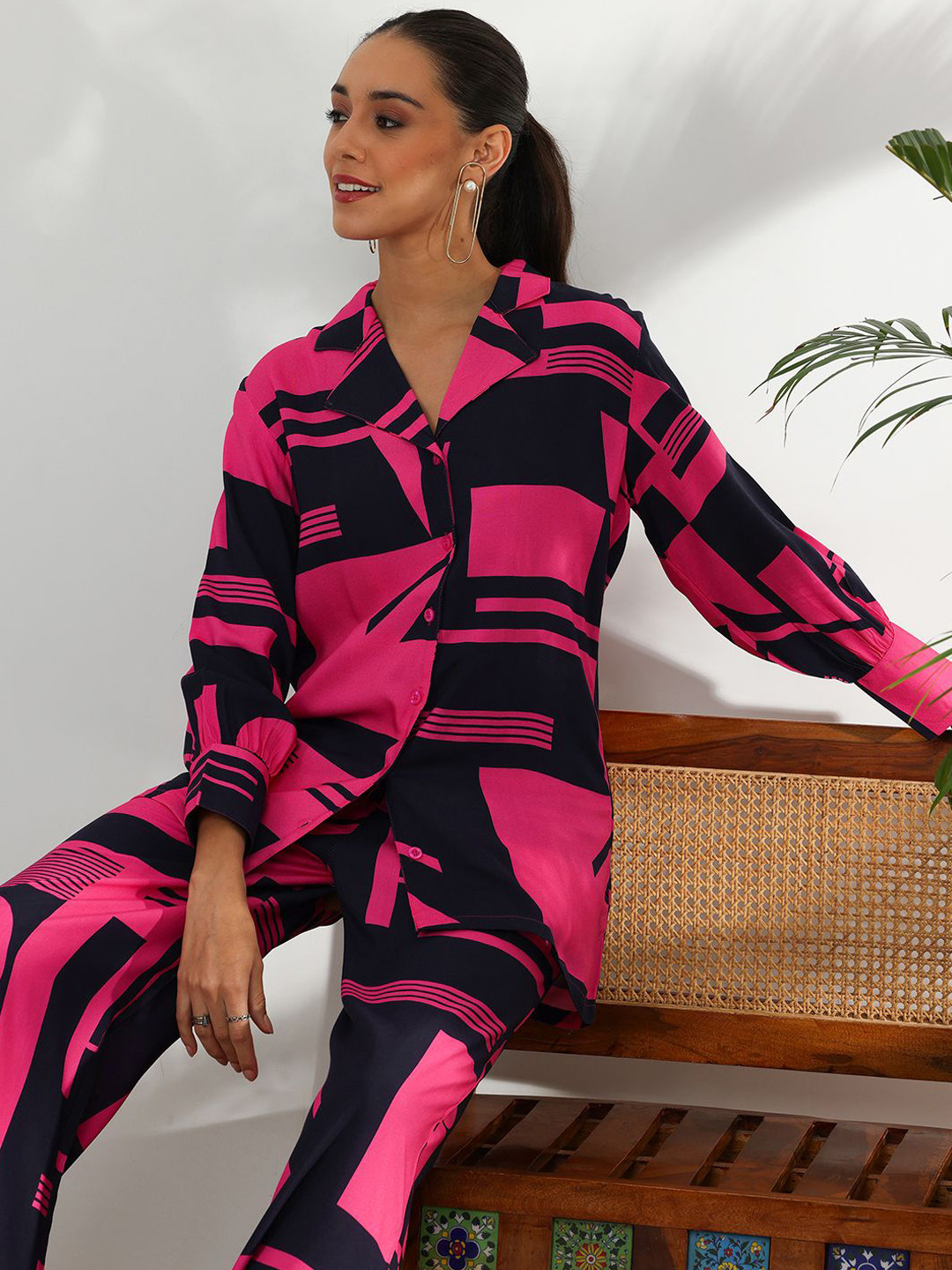 Libas Pink and Navy Blue Printed Shirt With Palazzo