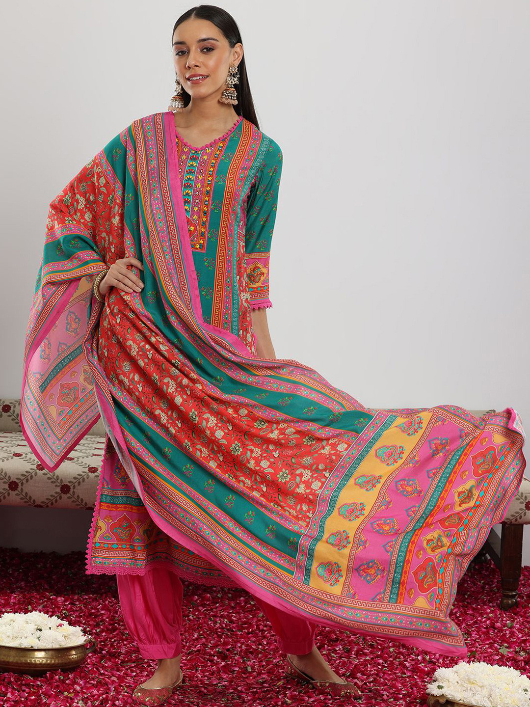 Libas Green and Pink Ethnic Motifs Printed Mirror Work Kurta with Salwar & Dupatta