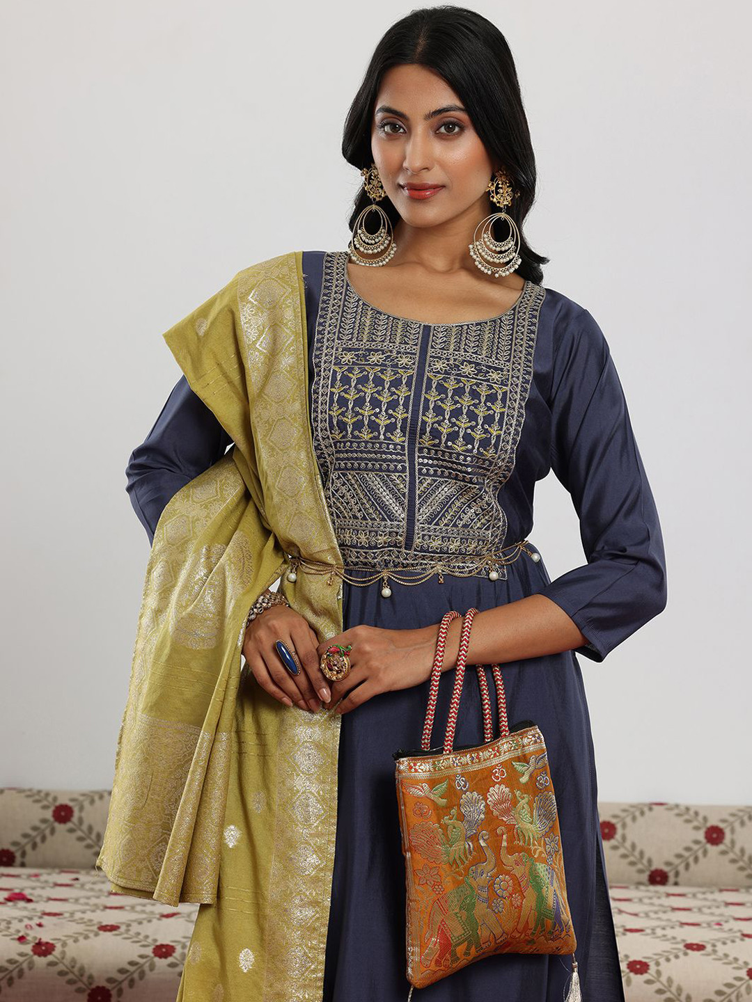 Gerua By Libas Blue and Green Ethnic Motifs Zari Yoke Design Straight Kurta with Trouser & Dupatta