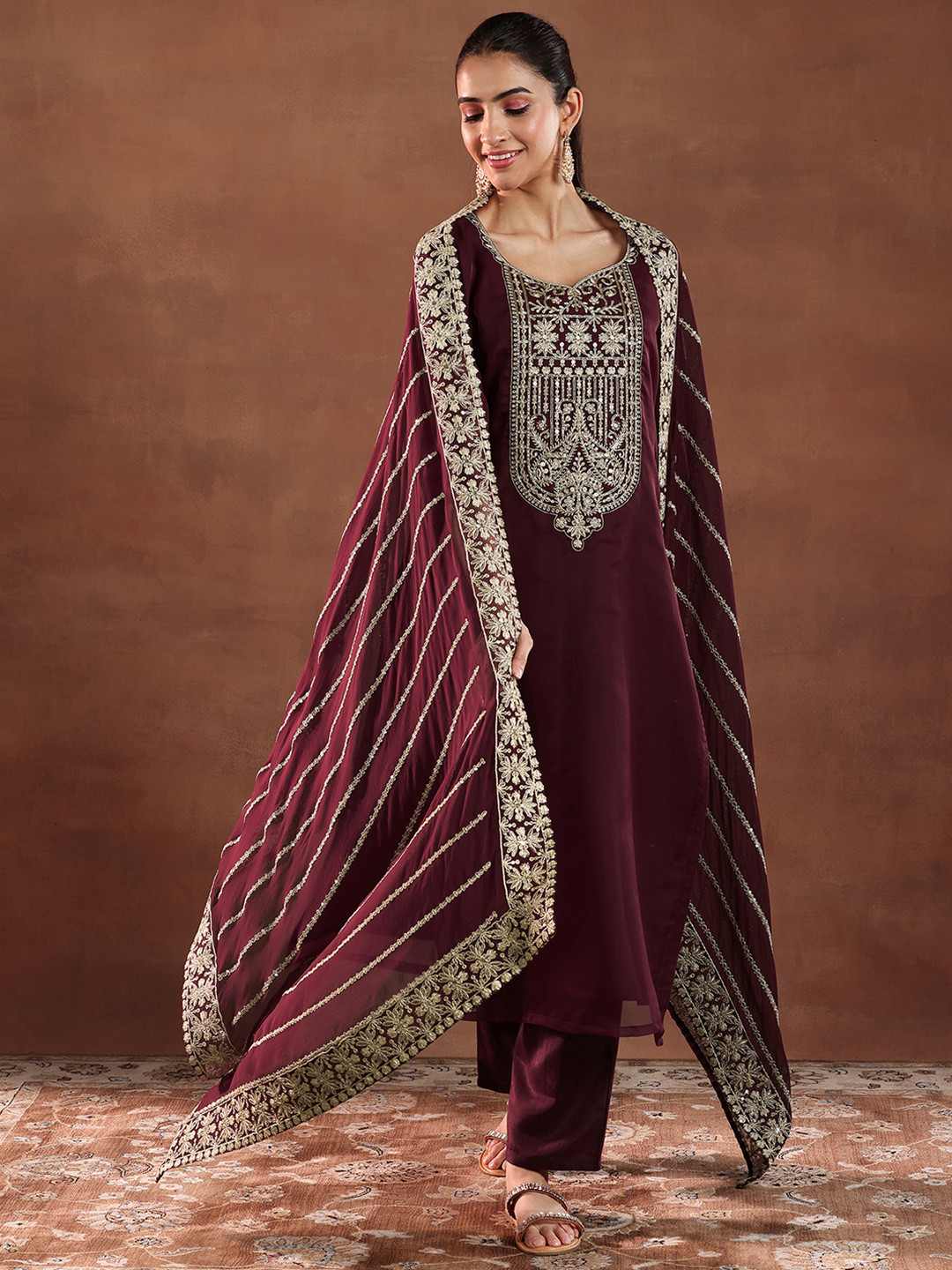 Libas Marron Ethnic Motifs Zari Yoke Design Straight Kurta with Trouser & Dupatta