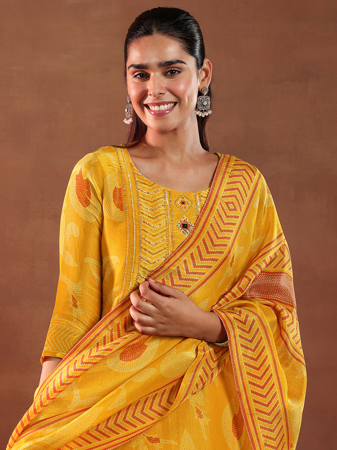 Libas Mustard Yellow Bandhani Printed Beads and Stones Kurta with Trouser & Dupatta