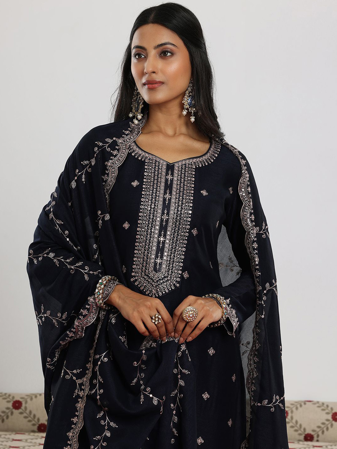 Libas Navy Blue Floral Embroidered Sequinned Straight Kurta with Trouser & Dupatta