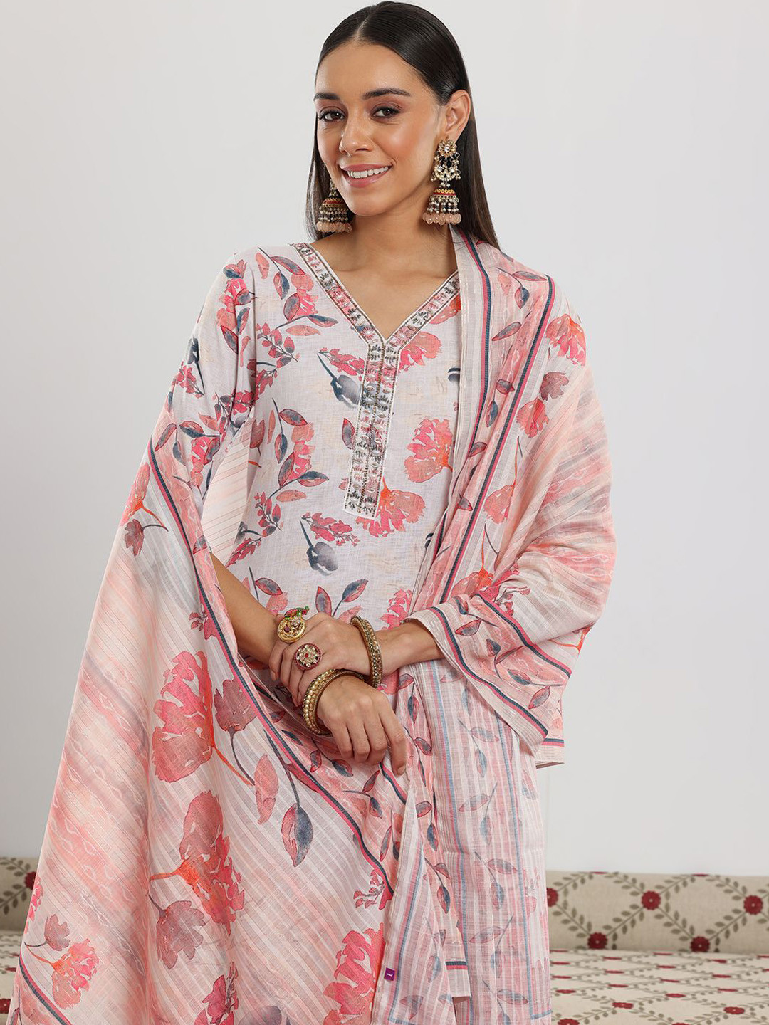 Libas Off White Floral Printed Beads and Stones Linen Kurta with Trouser & Dupatta