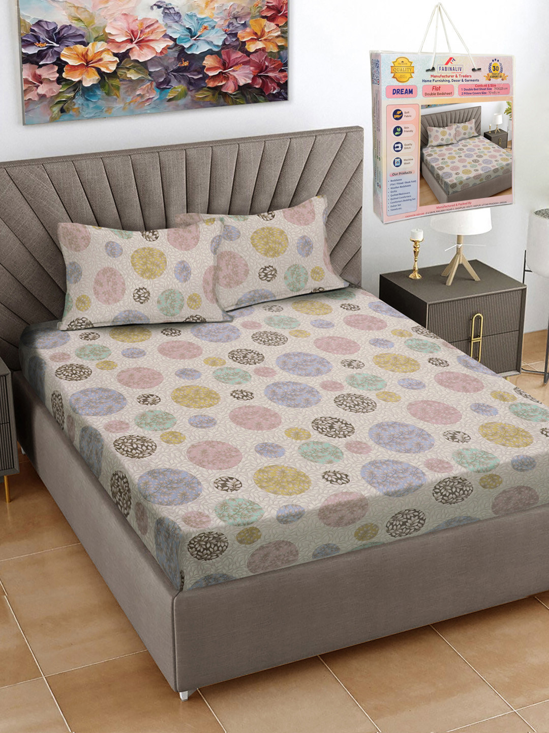 FABINALIV Beige & Pink Floral Printed 300 TC King Bedsheet Set 2.50 m X 2.25 m