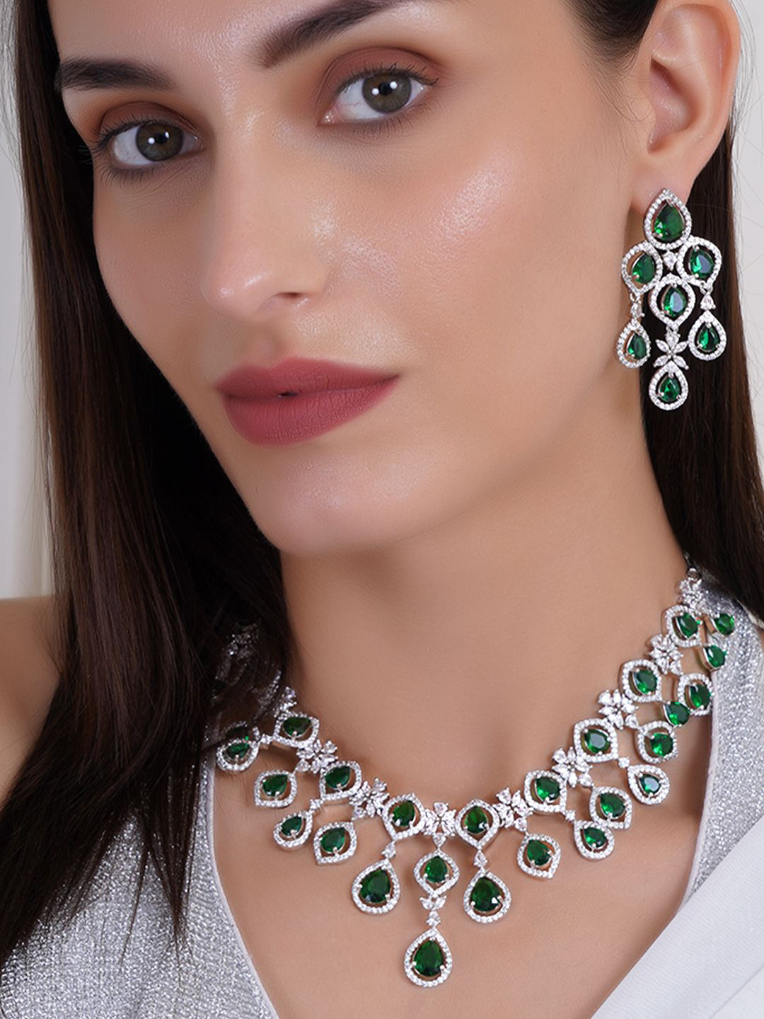 Adwitiya Collection Rhodium Plated Emerald & CZ Studded Necklace and Earrings