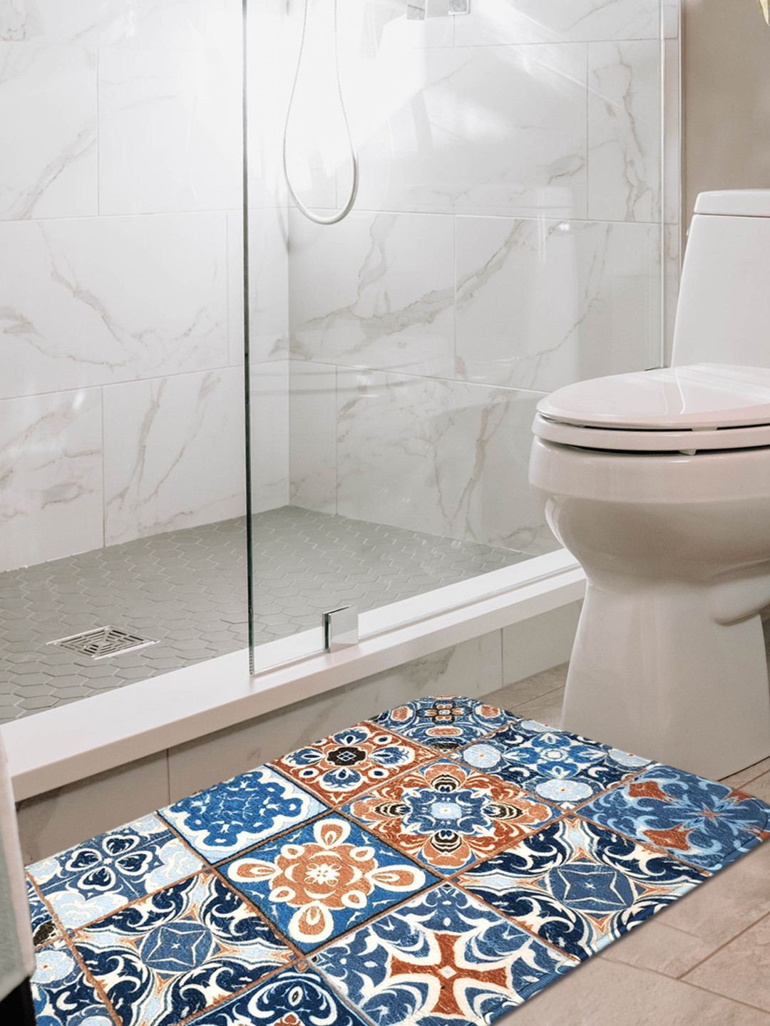 ANA Blue & Brown Printed 1800 GSM Microfibre Anti-Skid Bath Rug