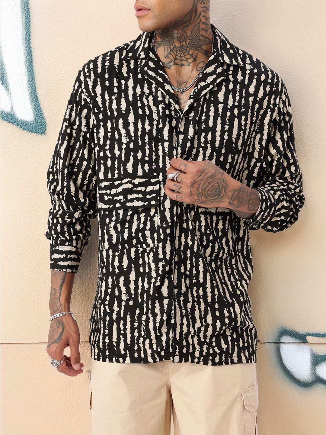 glitchez Pocket Detail Abstract Printed Relaxed Fit Shirt