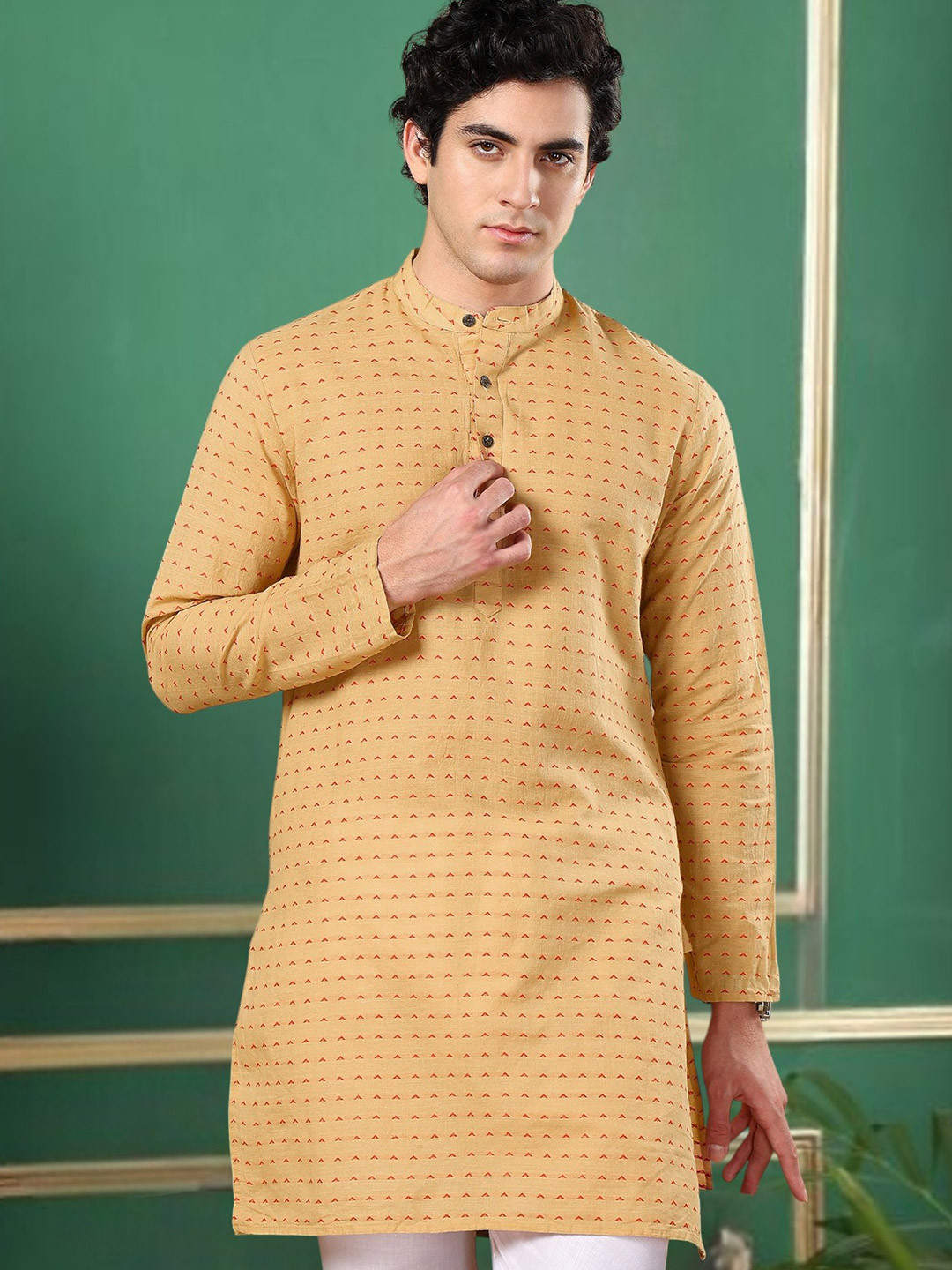 TATTVA Geometric Woven Design Mandarin Collar Long Regular Sleeves Regular Straight Kurta