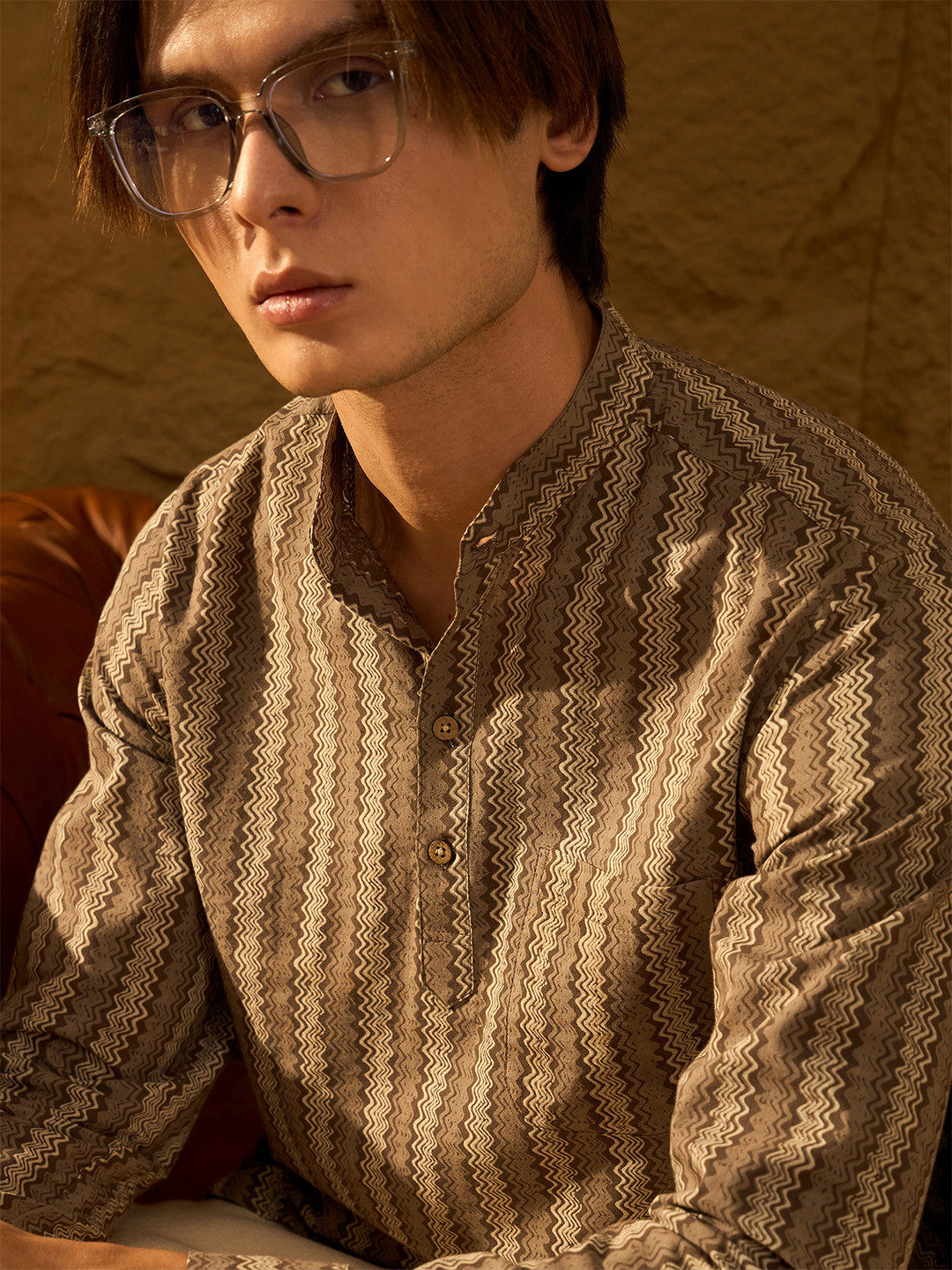 DENNISON Zig-Zag Legacy Printed Mandarin Collar Cotton Short Kurta